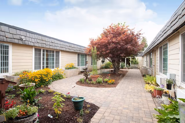 Outdoor courtyard area at Avamere Court at Keizer featuring a paved walkway, various potted plants, flower beds, and a tree with reddish leaves, surrounded by single-story beige buildings with windows.