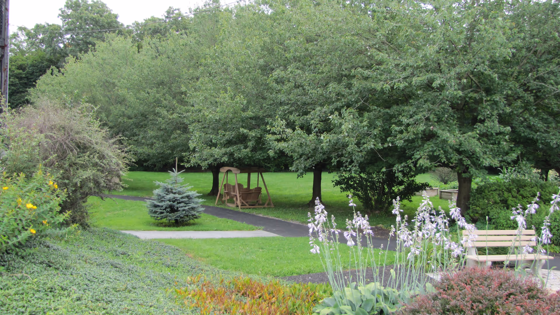 A peaceful outdoor garden area with green grass, trees, flowering plants, a wooden bench, and a wooden swing seat along paved walking paths.