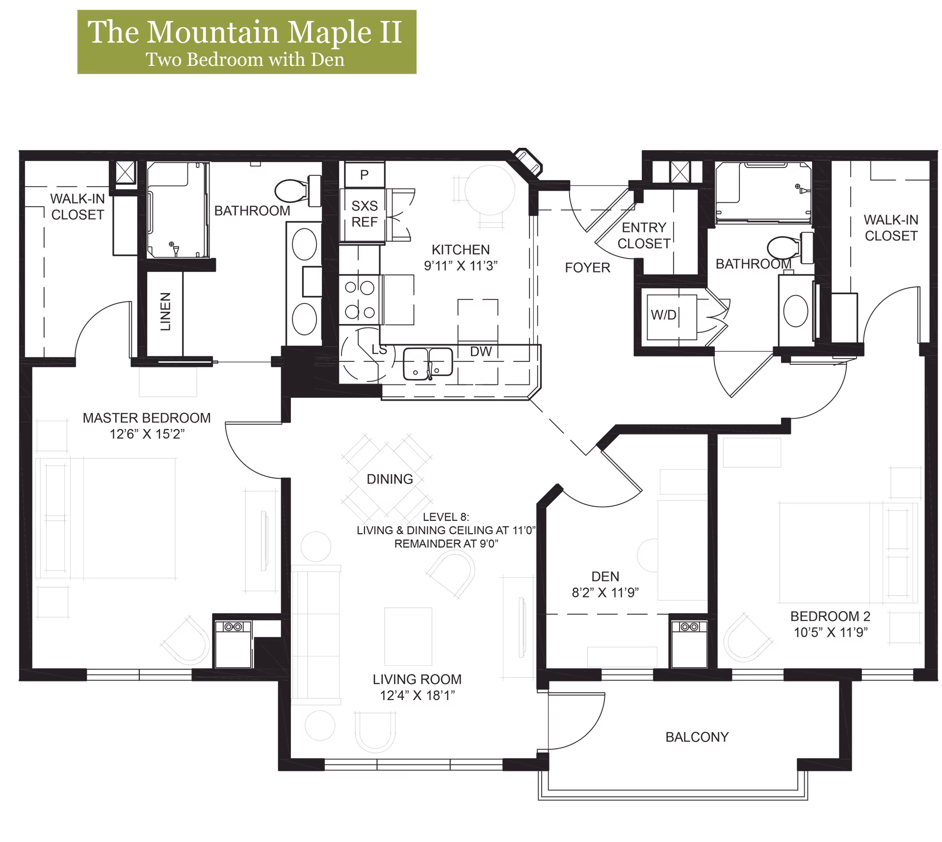 Floor plan titled 'The Mountain Maple II' showing a two-bedroom layout with den, living room, kitchen, bathrooms, closets and a balcony.