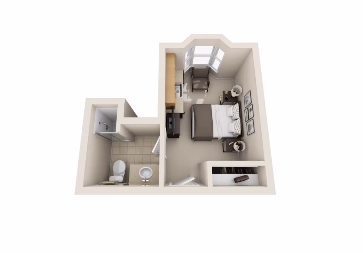 3D floor plan of a small apartment unit featuring a bedroom with a bed, two nightstands with lamps, a chair near a bay window, a TV on a stand, and a kitchenette along one wall. Adjacent to the bedroom is a bathroom with a shower, toilet, and sink. There is also a closet space near the entrance.