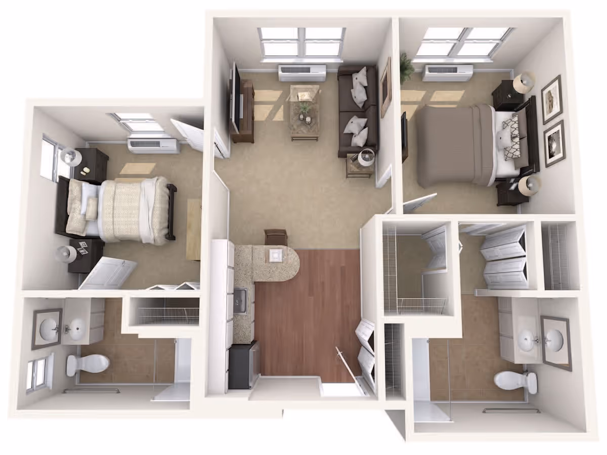 3D floor plan of an apartment featuring two bedrooms, two bathrooms, a living room with a sofa and TV, and a kitchen area with a countertop and appliances.