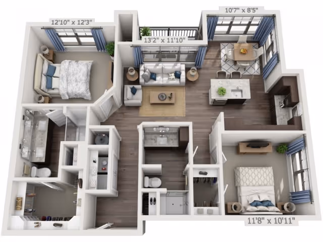 3D floor plan of a two-bedroom apartment featuring a living room with sofa and coffee table, a kitchen with island and dining area, two bedrooms with beds and nightstands, two bathrooms, and closets.