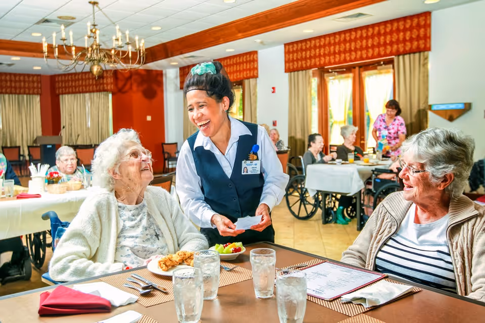 A cheerful dining room scene at Ellisville Rehab and Nursing where elderly residents are seated at tables enjoying a meal. A smiling staff member in uniform interacts warmly with two elderly women at the foreground table, one in a wheelchair. The room is well-lit with large windows, curtains, and a chandelier overhead.