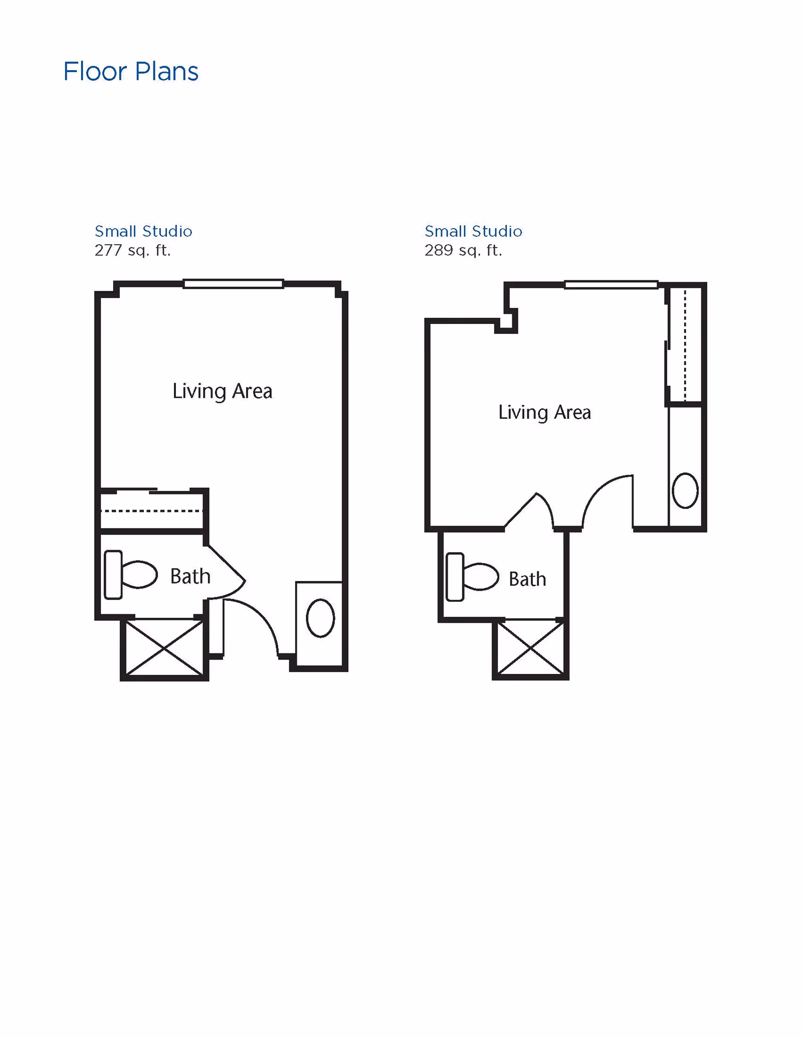 Floor plans for two small studio apartments at Brookdale Oakwood. Each plan shows a living area and a bathroom. The left studio is 277 sq. ft. and the right studio is 289 sq. ft.