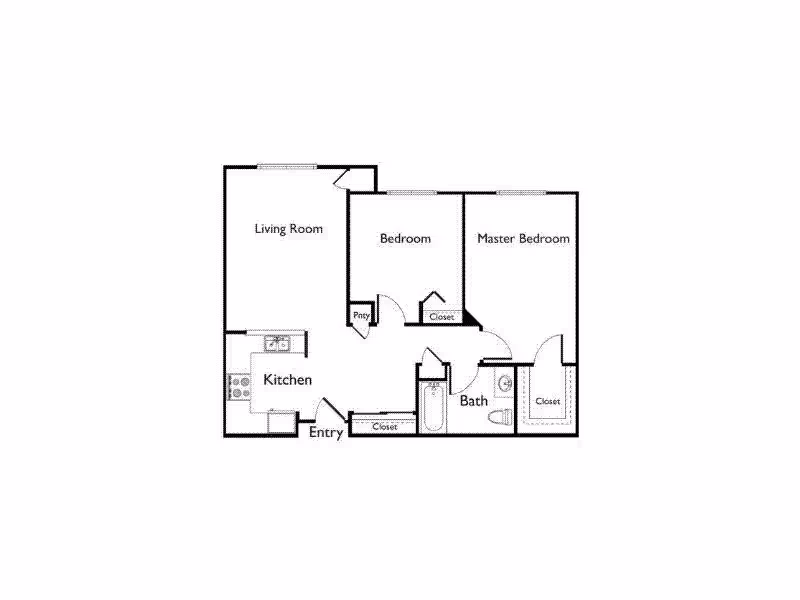 Floor plan of a senior living apartment at Canyon Run Senior Village showing a living room, kitchen, entry, bedroom, master bedroom, bathroom, pantry, and multiple closets.