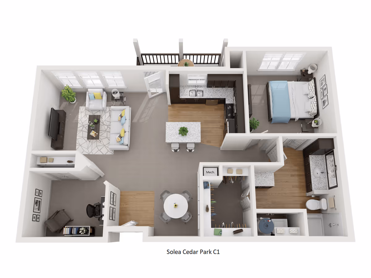 3D floor plan of an apartment unit featuring a living room with sofa and armchair, a kitchen with island and stools, a dining area with a round table and four chairs, a bedroom with a bed and nightstands, a bathroom with a sink, toilet, and shower, a walk-in closet, a small office space, and a balcony with a small table and plant.