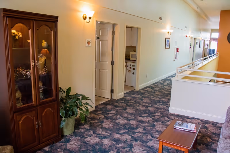 A long indoor hallway with patterned carpet, cream-colored walls, and wall-mounted lights. On the left side, there is a wooden cabinet with glass doors and a potted plant beside it. Two open doorways reveal a small kitchen area with a microwave and refrigerator. On the right side, there is a railing overlooking a lower level and a small wooden table with magazines on it next to a sofa.