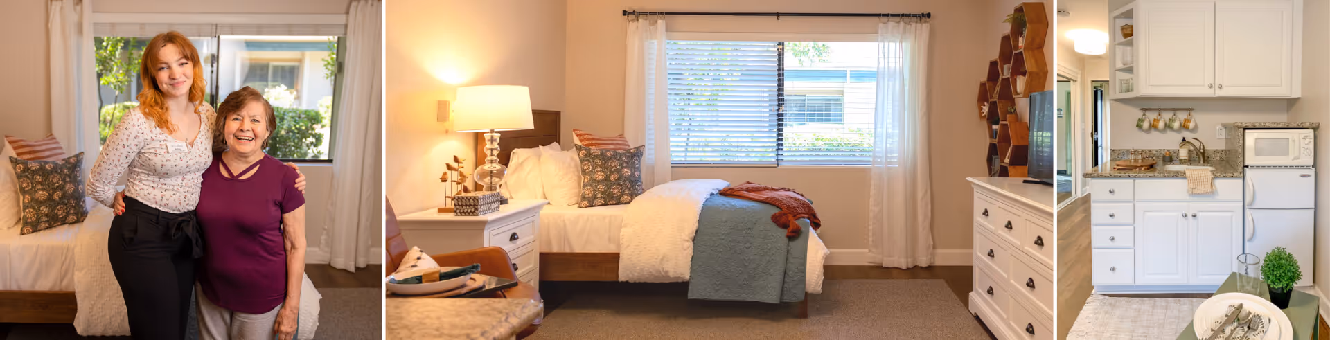A collage of three images showing a senior living facility room. The first image features a young woman and an elderly woman standing and smiling in a bedroom area with a bed and pillows. The second image shows a neatly made bed with pillows, a bedside table with a lamp, and a window with curtains. The third image displays a small kitchen area with white cabinets, a sink, microwave, and a small dining table with a plant and tableware.