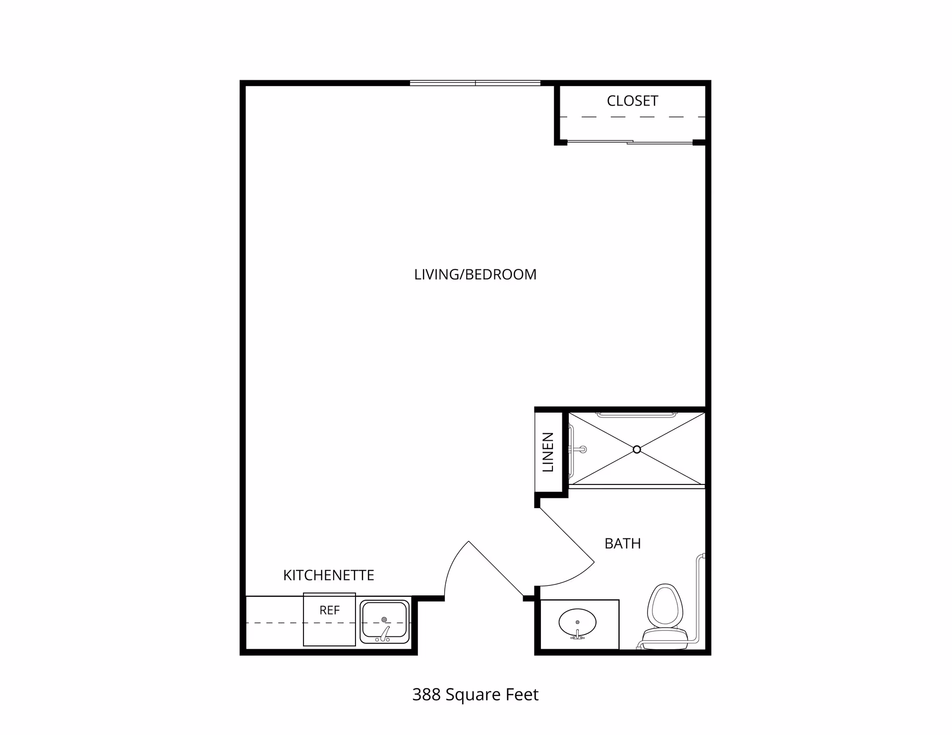 Black-and-white floor plan of a 388-square-foot studio apartment showing a combined living/bedroom, kitchenette, bathroom, linen closet and closet.
