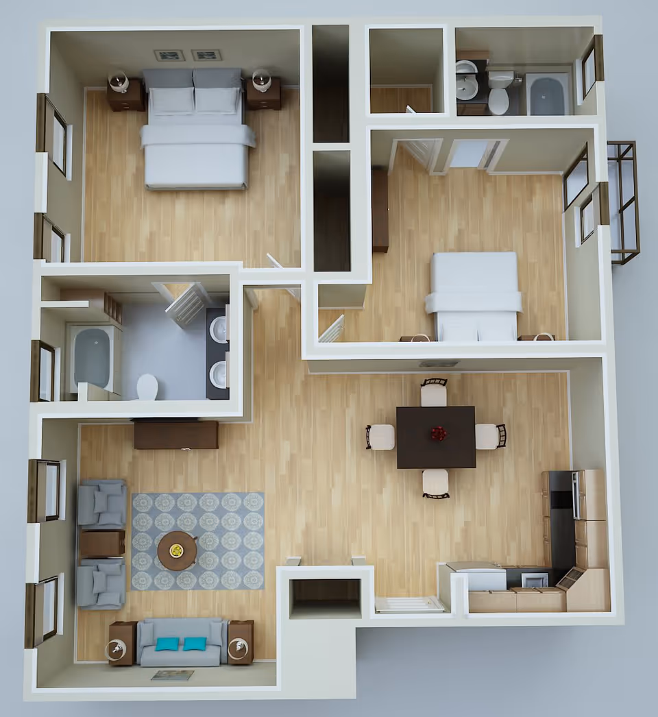3D floor plan of an apartment with two bedrooms, two bathrooms, a living room with sofas and a coffee table, a dining area with a table and four chairs, and a kitchen with appliances and cabinets.
