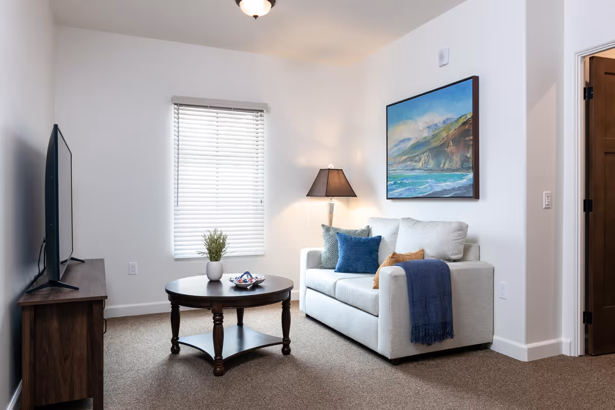 Bright living room with a light sofa, round wooden coffee table, TV on a stand, floor lamp, and a landscape painting on the wall.