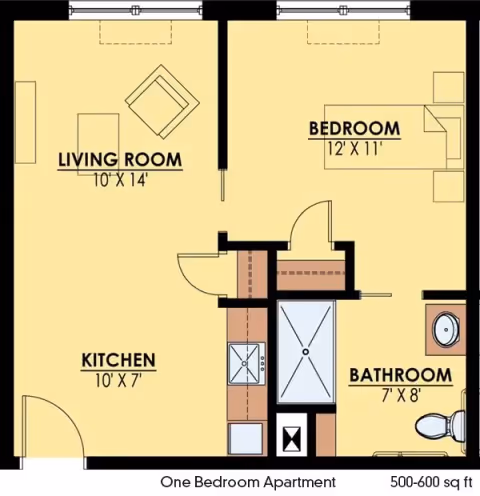 Floor plan of a one-bedroom apartment showing a living room measuring 10 by 14 feet, a kitchen measuring 10 by 7 feet, a bedroom measuring 12 by 11 feet, and a bathroom measuring 7 by 8 feet. The layout includes furniture placement and fixtures such as a bed, sofa, chair, kitchen sink, stove, bathtub, and toilet.