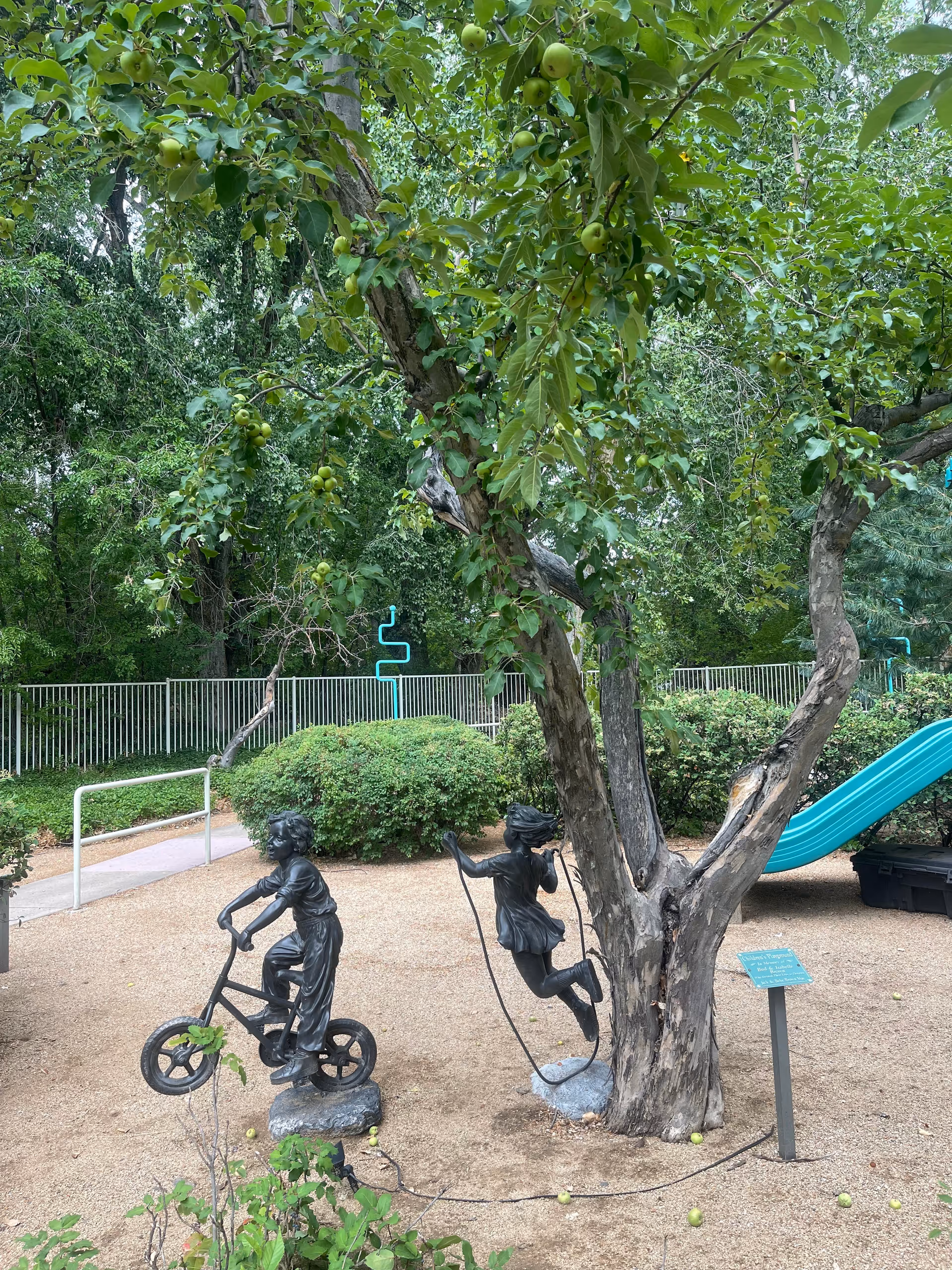 Outdoor playground area with two bronze statues of children, one riding a bicycle and the other jumping rope near a tree with green apples. There is a blue slide in the background and green bushes and trees surrounding the area.