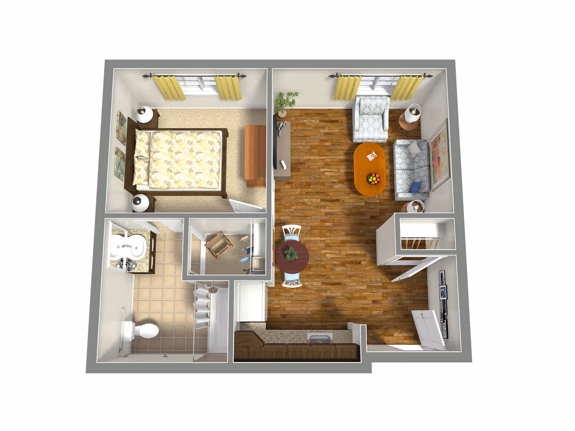 3D rendered floor plan of a one-bedroom apartment showing a bedroom, bathroom, closet, kitchenette, and a wood-floored living and dining area.