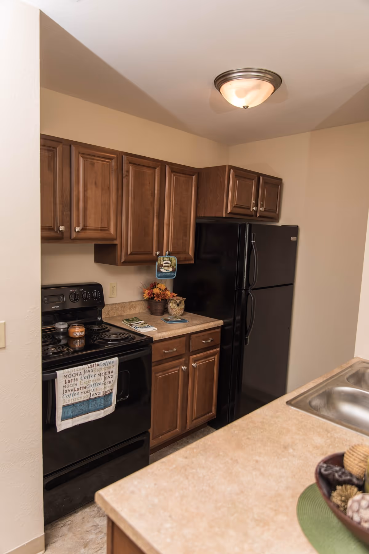 Small kitchen with wooden cabinets, a black refrigerator and stove, and a countertop with a sink and decorative items.