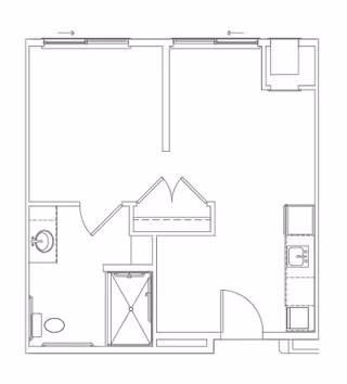Architectural floor plan of a small living space featuring a bathroom with a toilet, sink, and shower, a kitchen area with a sink and counter space, and an open living area with two windows.