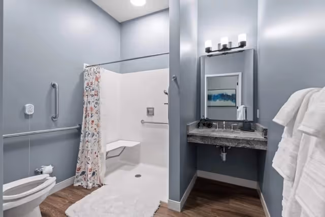 Accessible bathroom featuring a walk-in shower with built-in bench and grab bars, a sink with mirror, toilet, and towel rack.