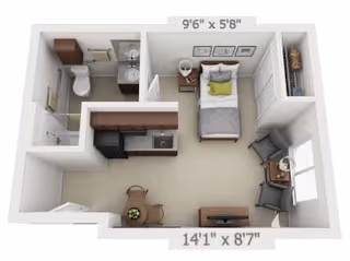 3D floor plan of a small studio apartment featuring a combined living and sleeping area with a bed, two chairs, a small dining table with two chairs, a kitchenette with appliances, and a bathroom with a shower, toilet, and sink. Dimensions are labeled as 14'1" x 8'7" for the main area and 9'6" x 5'8" for the bathroom.