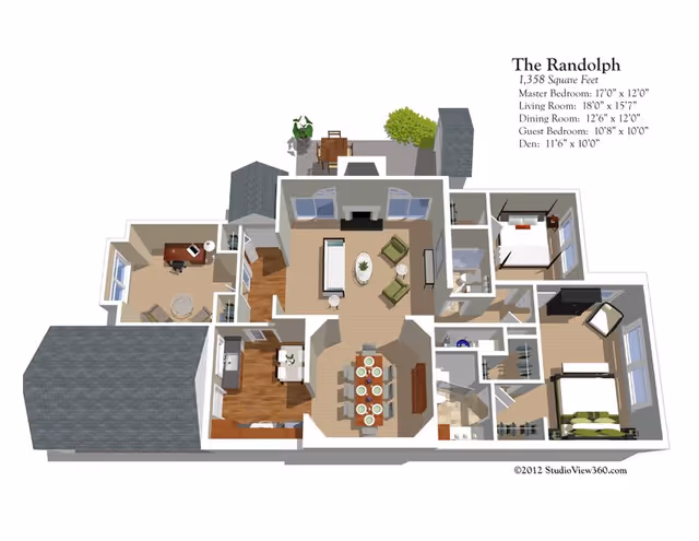 3D floor plan of The Randolph apartment showing a layout with a master bedroom, guest bedroom, living room, dining room, kitchen, den, and bathrooms. The rooms are furnished with beds, chairs, tables, and other household items. The dimensions of each room are listed on the top right corner.