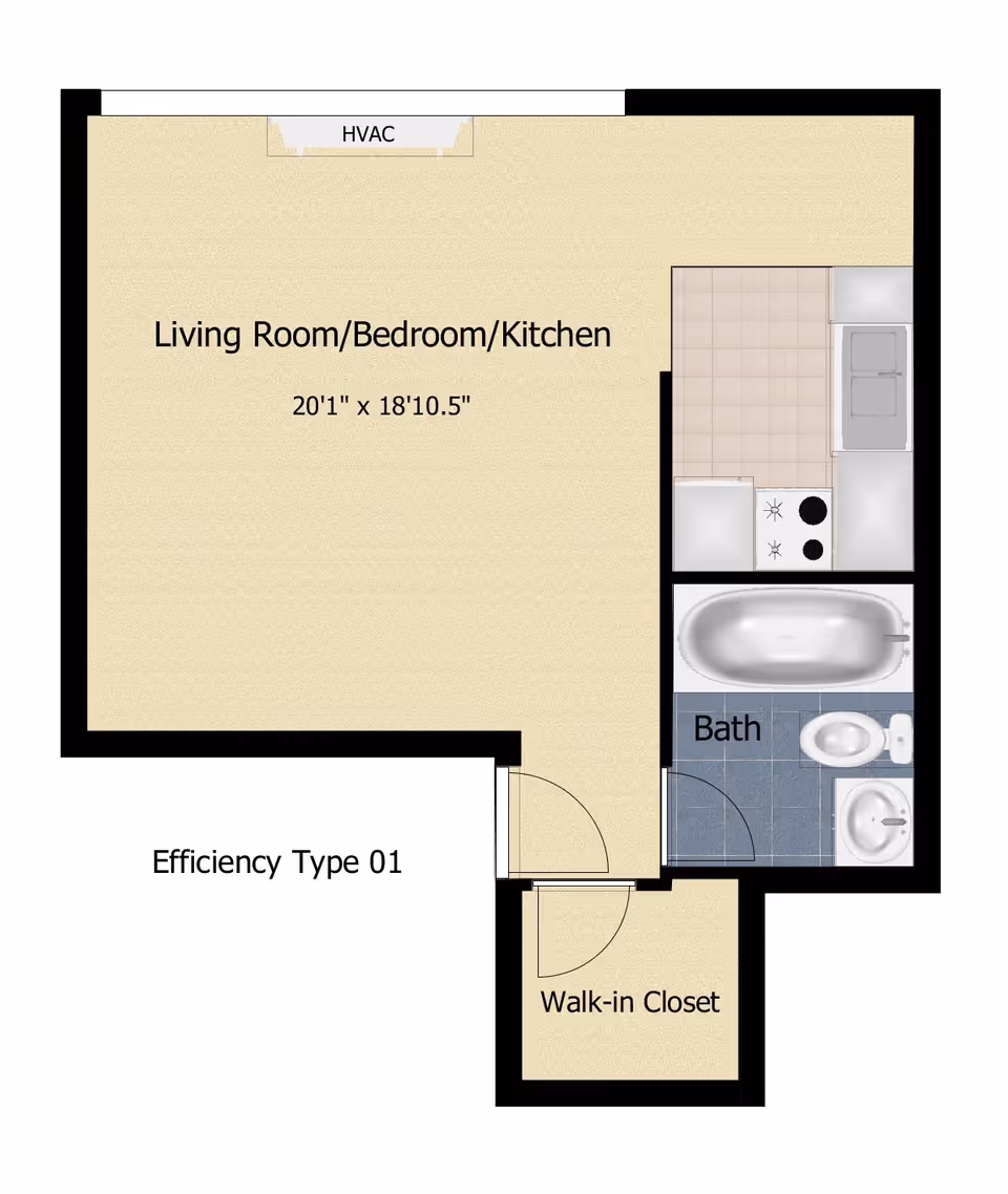 Floor plan of an efficiency apartment labeled Efficiency Type 01, showing a combined living room, bedroom, and kitchen area measuring 20 feet 1 inch by 18 feet 10.5 inches, a walk-in closet, and a bathroom with a bathtub, toilet, and sink.