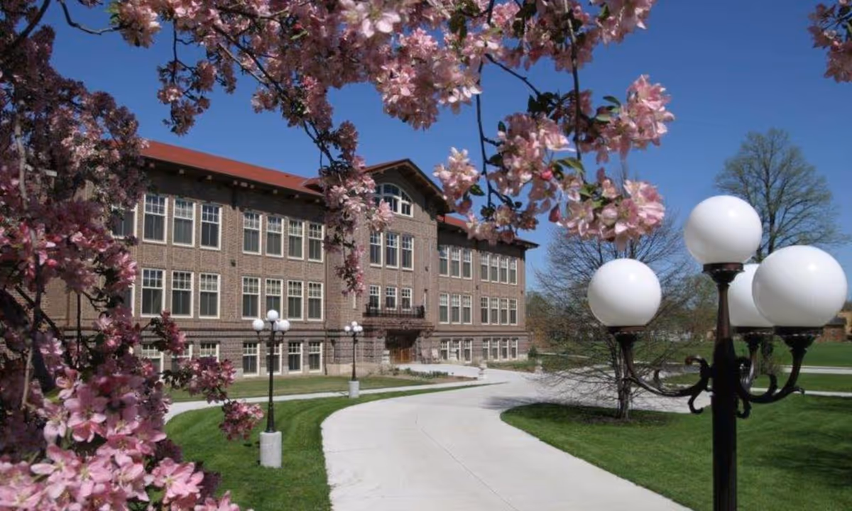 Brick Walnut Village exterior with curved walkway and flowering trees.