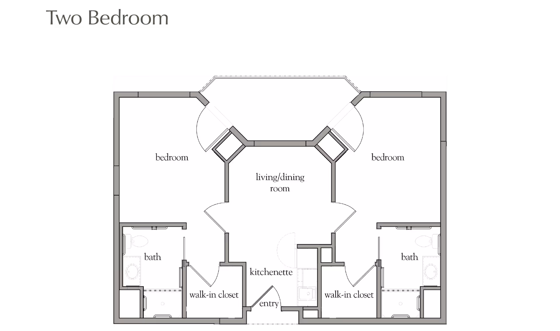 Floor plan layout of a two-bedroom apartment featuring two bedrooms, each with a walk-in closet and a bathroom. The central area includes a living/dining room and a kitchenette near the entry.