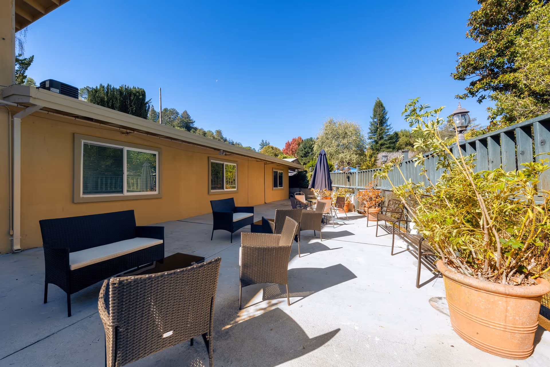 Outdoor patio area at Marin Terrace Assisted Living with multiple wicker chairs and a sofa arranged on a concrete surface. There are potted plants along the right side near a green wooden fence, and a building with yellow walls and windows on the left. The sky is clear and blue.