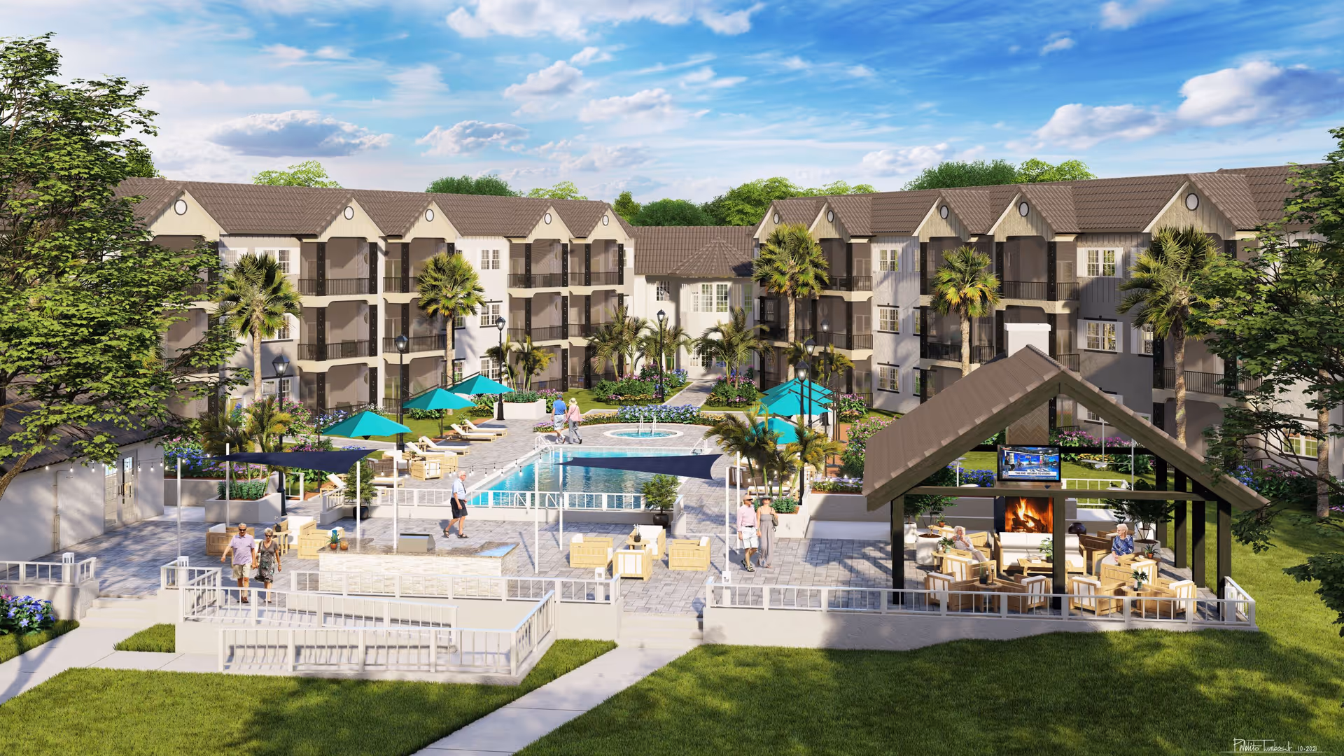 Outdoor view of a senior living facility named Veranda Club featuring a large swimming pool surrounded by lounge chairs with umbrellas, palm trees, and landscaped greenery. There are multiple three-story buildings in the background with balconies. In the foreground, there is a covered seating area with a fireplace and a television, where several people are seated and socializing. The sky is partly cloudy with blue skies.