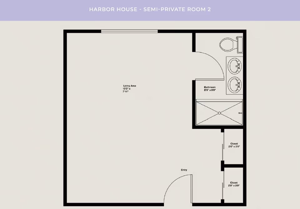 Floor plan of Harbor House semi-private room 2 showing a living area measuring 13 feet 3 inches by 7 feet 11 inches, a bathroom with two sinks, a toilet, and a shower measuring 5 feet by 9 feet 9 inches, and two closets each measuring 2 feet by 3 feet 9 inches. The entry door is located at the bottom of the plan.
