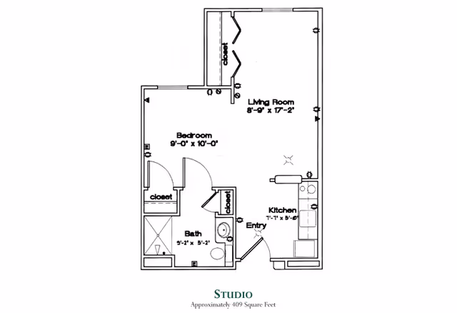 Floor plan of a studio apartment at Jefferson Manor showing a bedroom, living room, kitchen, bathroom, closets, and an entry area. The bedroom measures 9 feet by 10 feet, the living room 8 feet 9 inches by 17 feet 2 inches, the kitchen 7 feet 1 inch by 8 feet 6 inches, and the bathroom 9 feet 2 inches by 5 feet 2 inches. The total area is approximately 409 square feet.