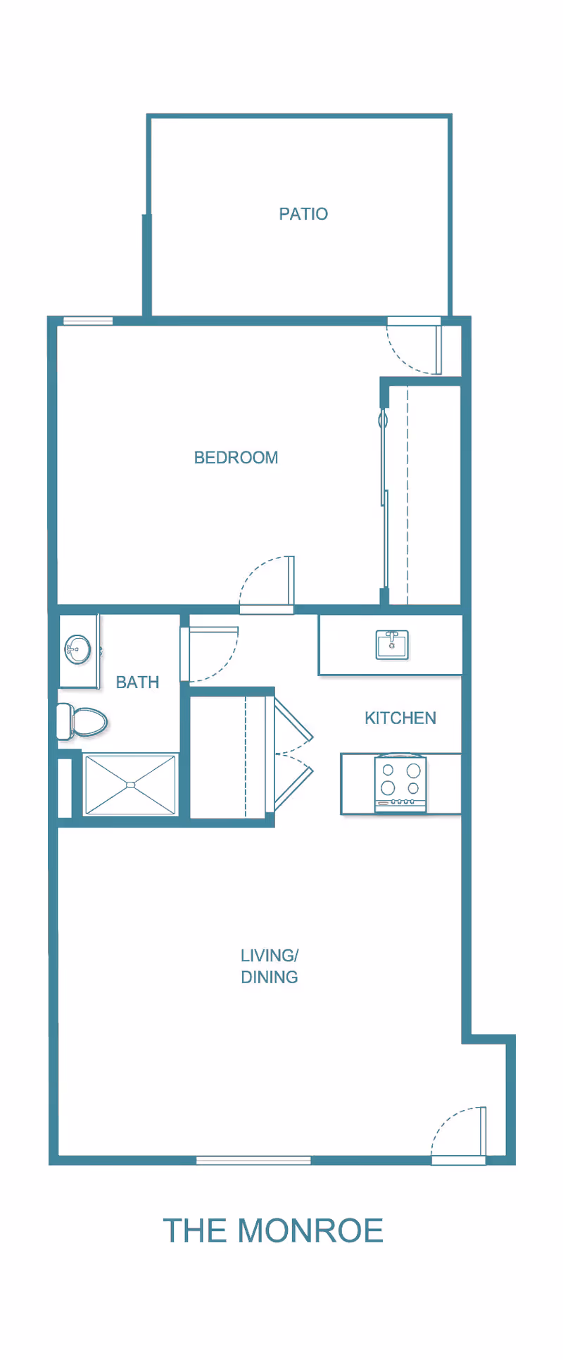 Floor plan of The Monroe apartment at The Courtyard at Lakewood | Sky Active Living, showing a patio, bedroom, bathroom, kitchen, and combined living/dining area.