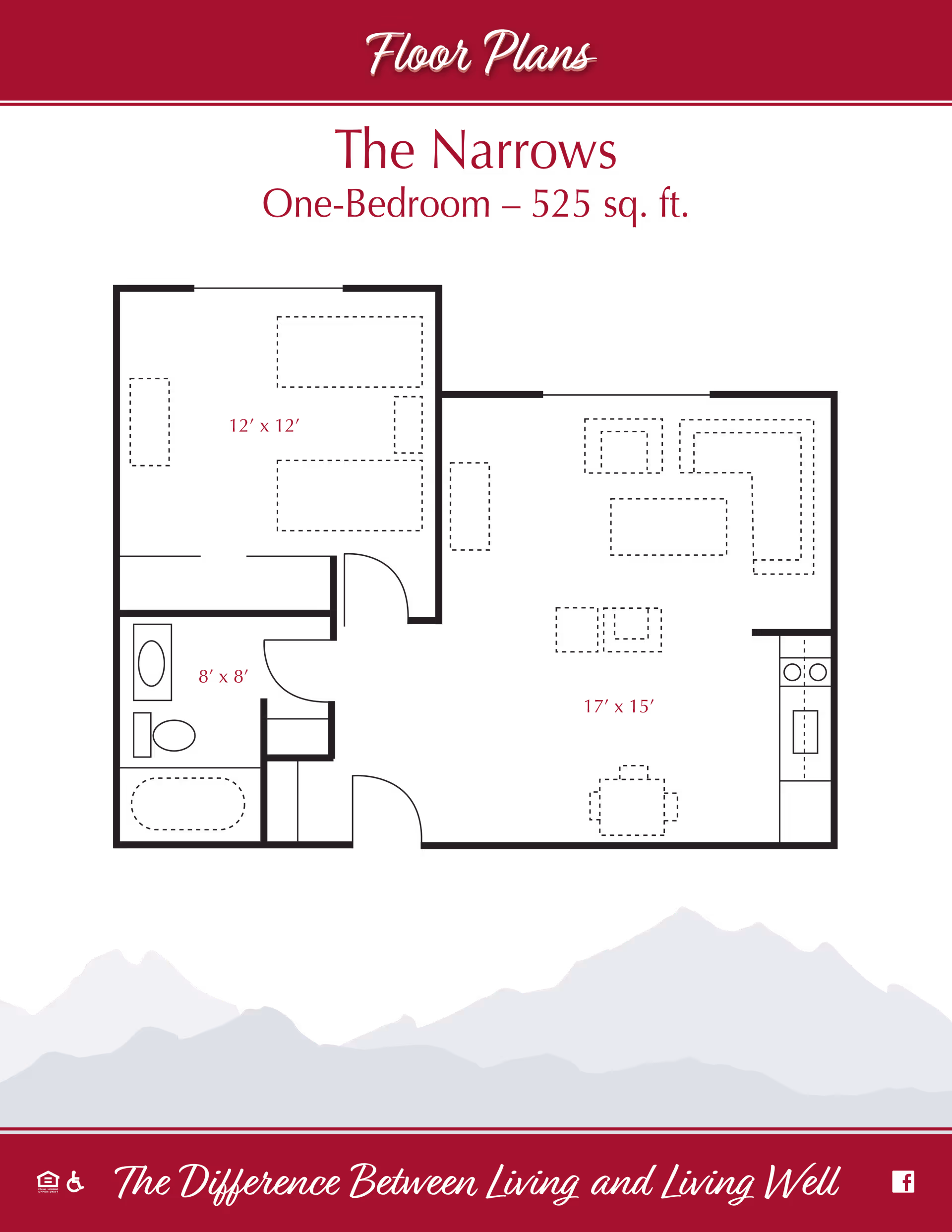 Floor plan titled The Narrows for a one-bedroom apartment of 525 square feet at Cascades of Bremerton. The layout includes a 12 by 12 feet bedroom, an 8 by 8 feet bathroom, and a 17 by 15 feet living room with kitchen area. The plan shows furniture placement and room dimensions.