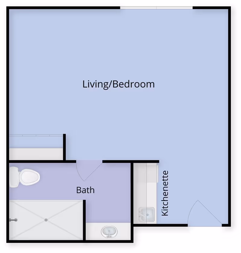 Floor plan of a small living space labeled Maurice House Assisted Living Community, showing a combined living/bedroom area, a bath with toilet, shower, and sink, and a kitchenette with a sink.