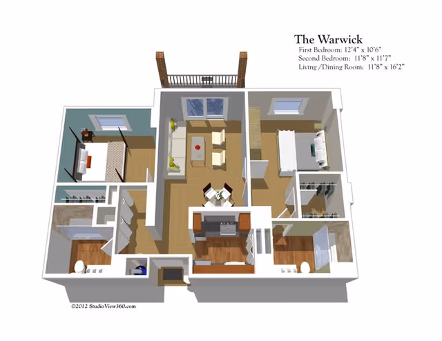 3D floor plan of an apartment named The Warwick showing two bedrooms, a living/dining room, kitchen, and two bathrooms. The living room has a sofa, two chairs, and a coffee table. The dining area has a small round table with four chairs. The kitchen is equipped with appliances and cabinets. Both bedrooms have beds and closets. Bathrooms include toilets and showers. There is a balcony accessible from the living room.