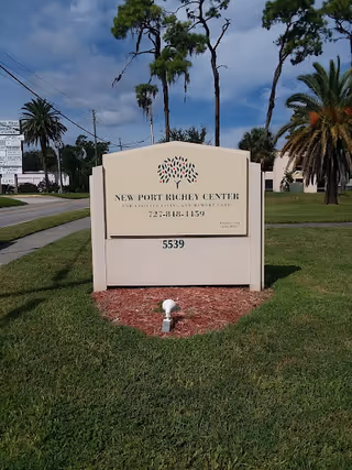 A freestanding beige sign on a grassy lawn that reads 'New Port Richey Center' with palm trees and a pale building in the background.