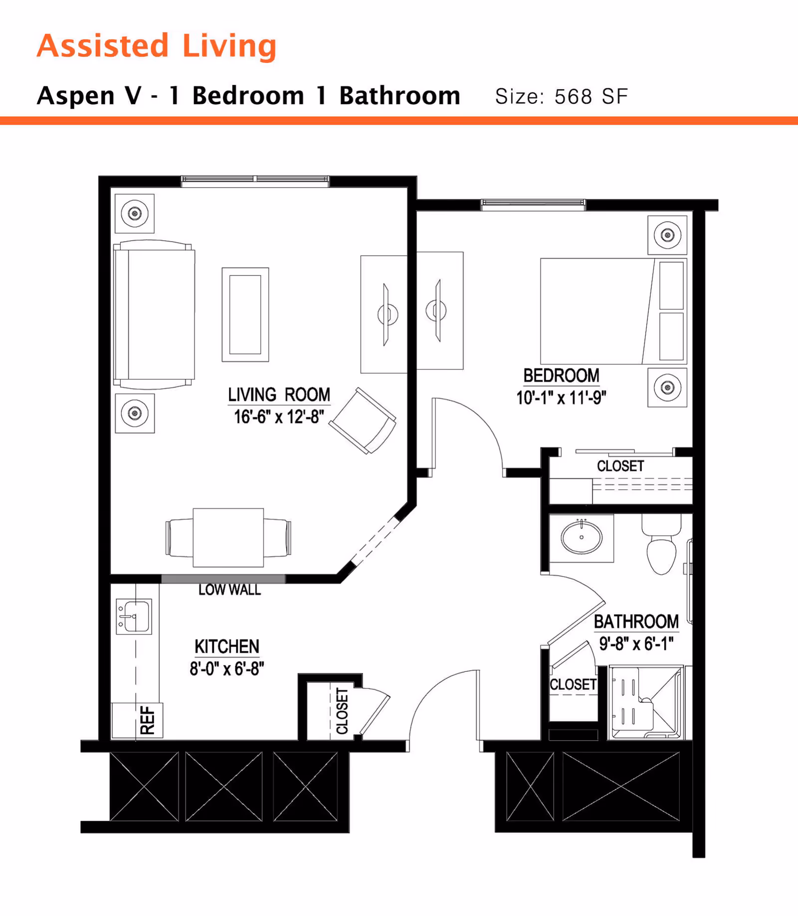 Floor plan of an assisted living unit named Aspen V with 1 bedroom and 1 bathroom, totaling 568 square feet. The layout includes a living room measuring 16 feet 6 inches by 12 feet 8 inches, a bedroom measuring 10 feet 1 inch by 11 feet 9 inches with a closet, a kitchen measuring 8 feet by 6 feet 8 inches with a refrigerator, and a bathroom measuring 9 feet 8 inches by 6 feet 1 inch with a closet and shower. The living room is furnished with a sofa, coffee table, and chair, and the bedroom has a bed and nightstands.