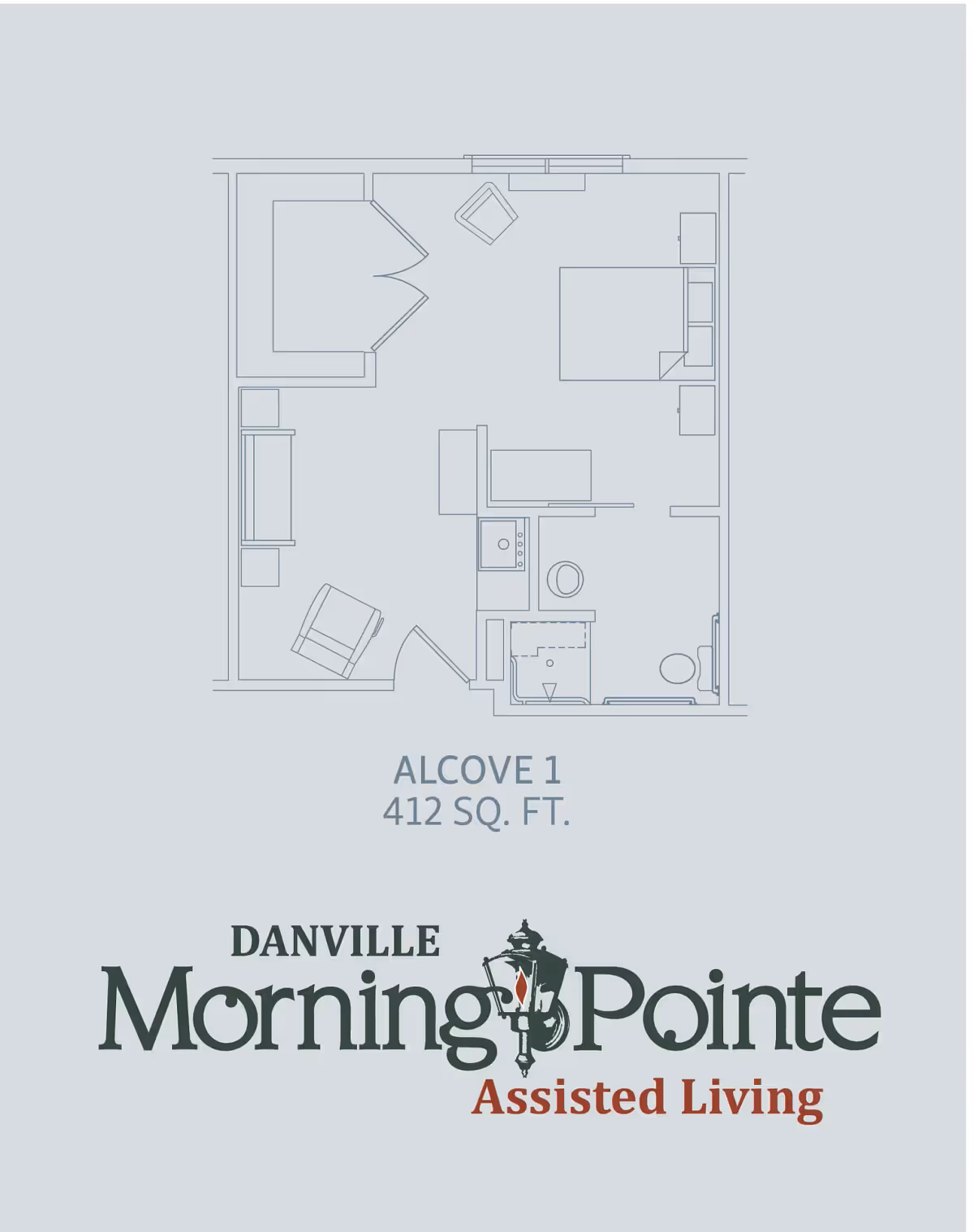 Floor plan layout of an Alcove 1 assisted living unit measuring 412 square feet, showing a combined living and sleeping area, kitchenette, and bathroom.