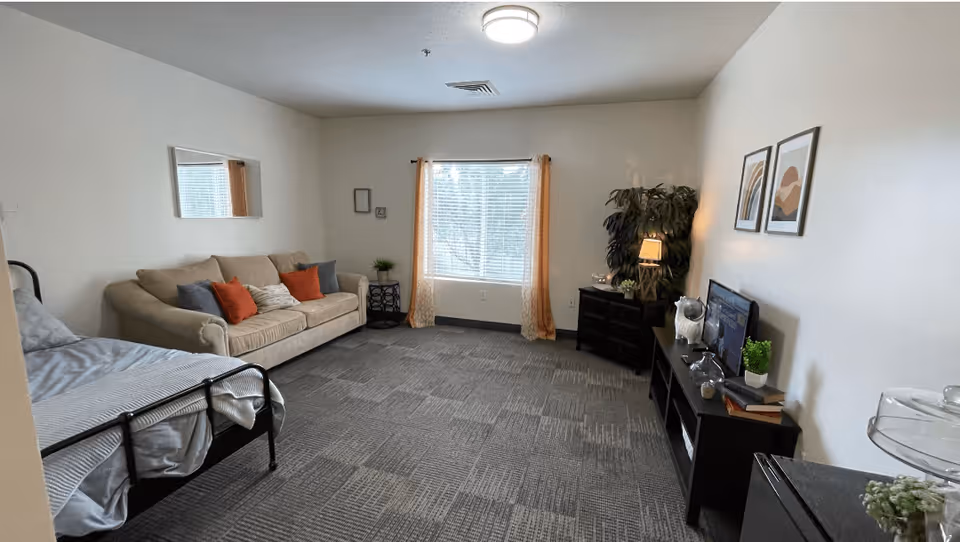 A cozy assisted living room with a beige sofa adorned with orange and gray pillows, a single bed with gray bedding, a window with orange curtains, a small black side table with a plant, a black dresser with a lamp and a large potted plant, a TV on a black media console, and two framed abstract artworks on the wall.