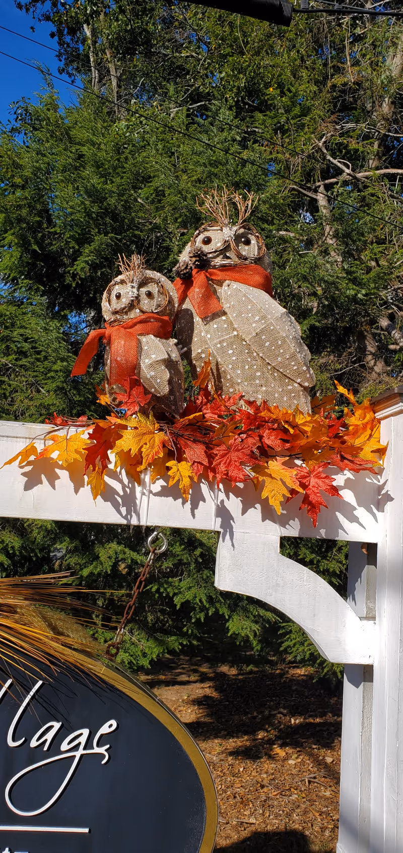 Two decorative fabric owls wearing red scarves perched on a white entrance sign adorned with autumn leaves against a backdrop of trees.