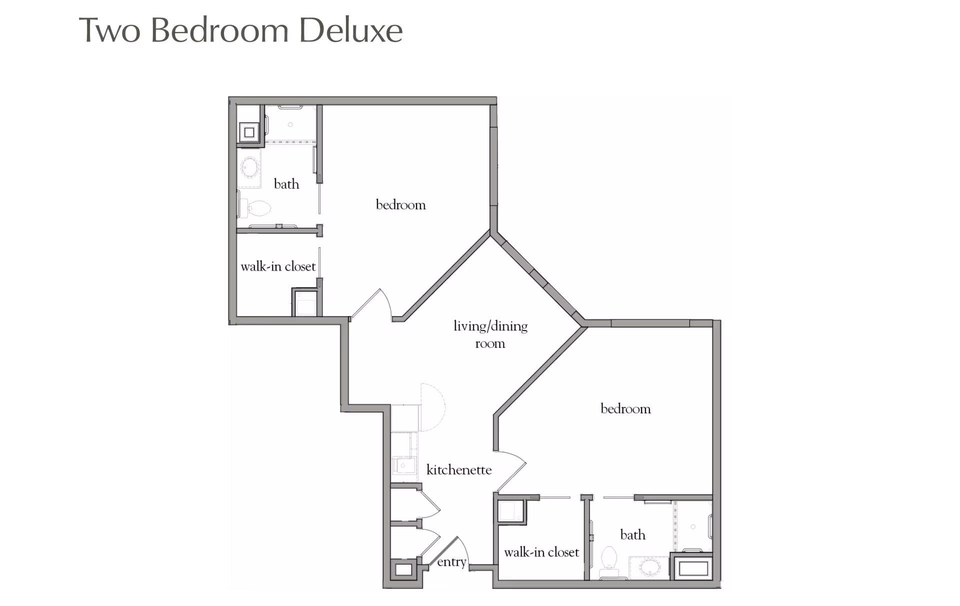Floor plan layout of a Two Bedroom Deluxe apartment featuring two bedrooms, two bathrooms, two walk-in closets, a living/dining room, a kitchenette, and an entry area.