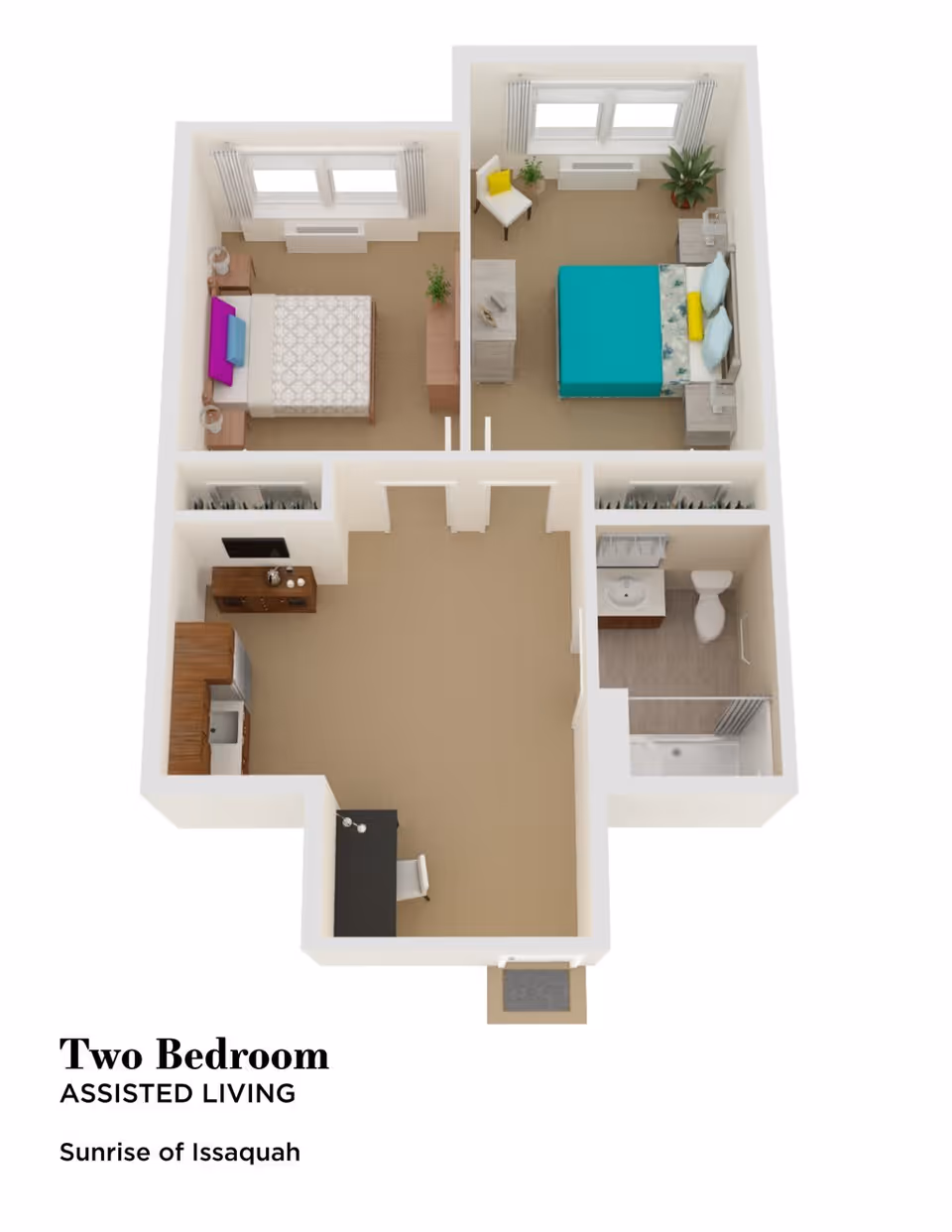 3D floor plan of a two-bedroom assisted living apartment at Sunrise of Issaquah, showing two bedrooms, a bathroom with a shower, a kitchen area, and a living space with a desk and chair.