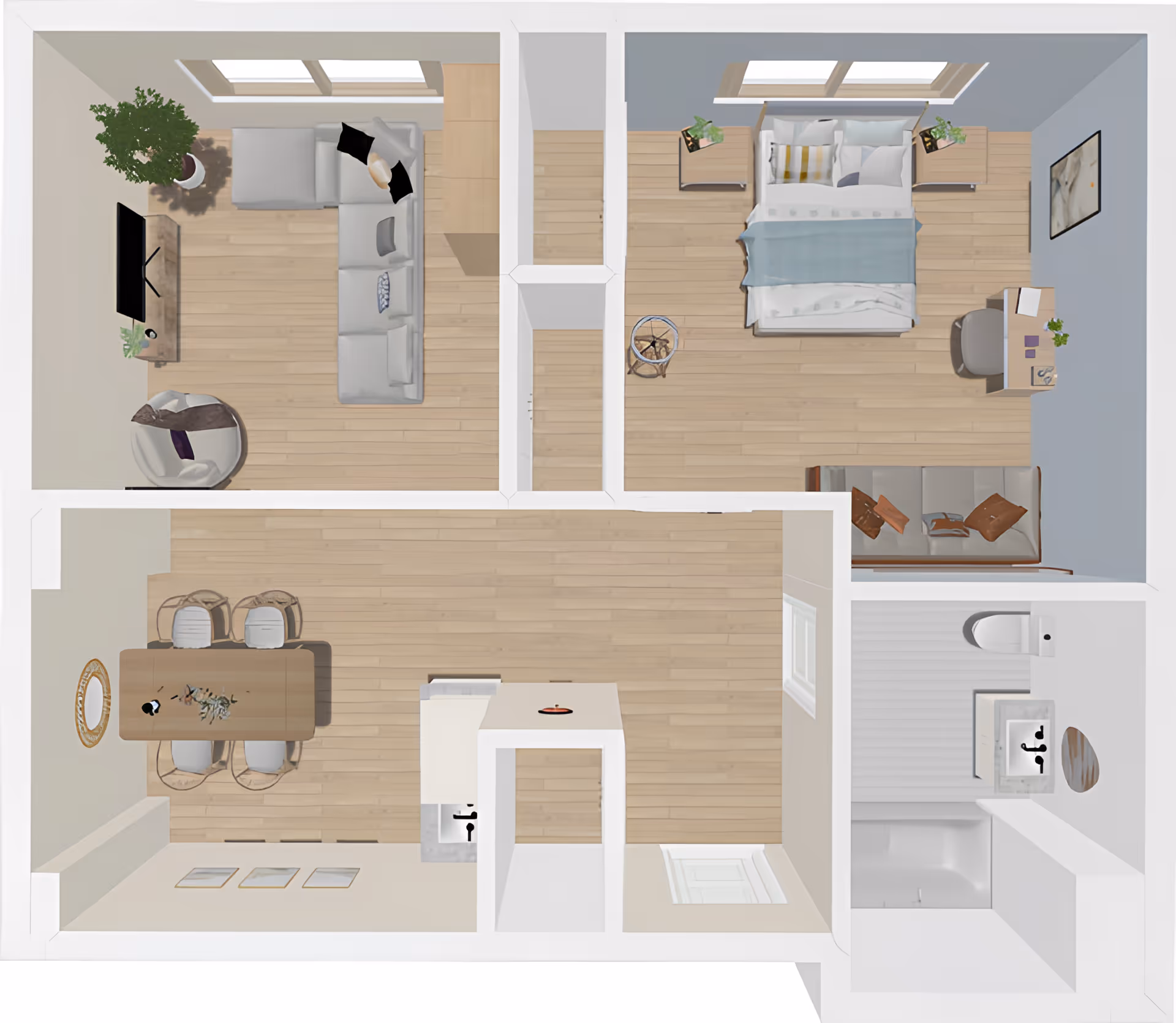 Top-down floor plan rendering of a one-bedroom apartment with a living room, bedroom, dining area, kitchen, and bathroom.