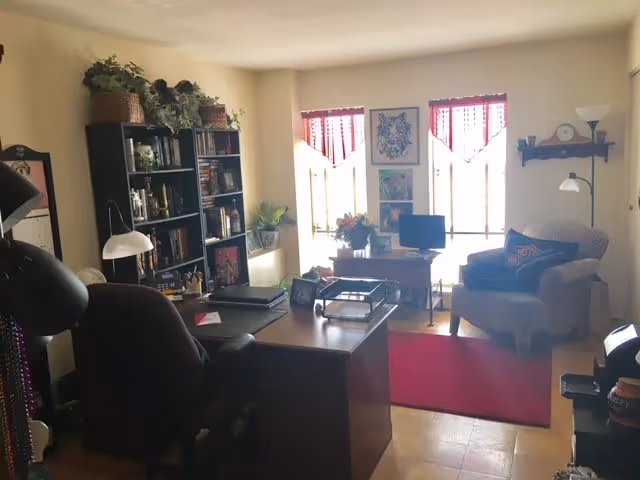 Sunlit living room/office with a desk and chair in the foreground, a bookshelf along the left wall, and an armchair near windows with red curtains.