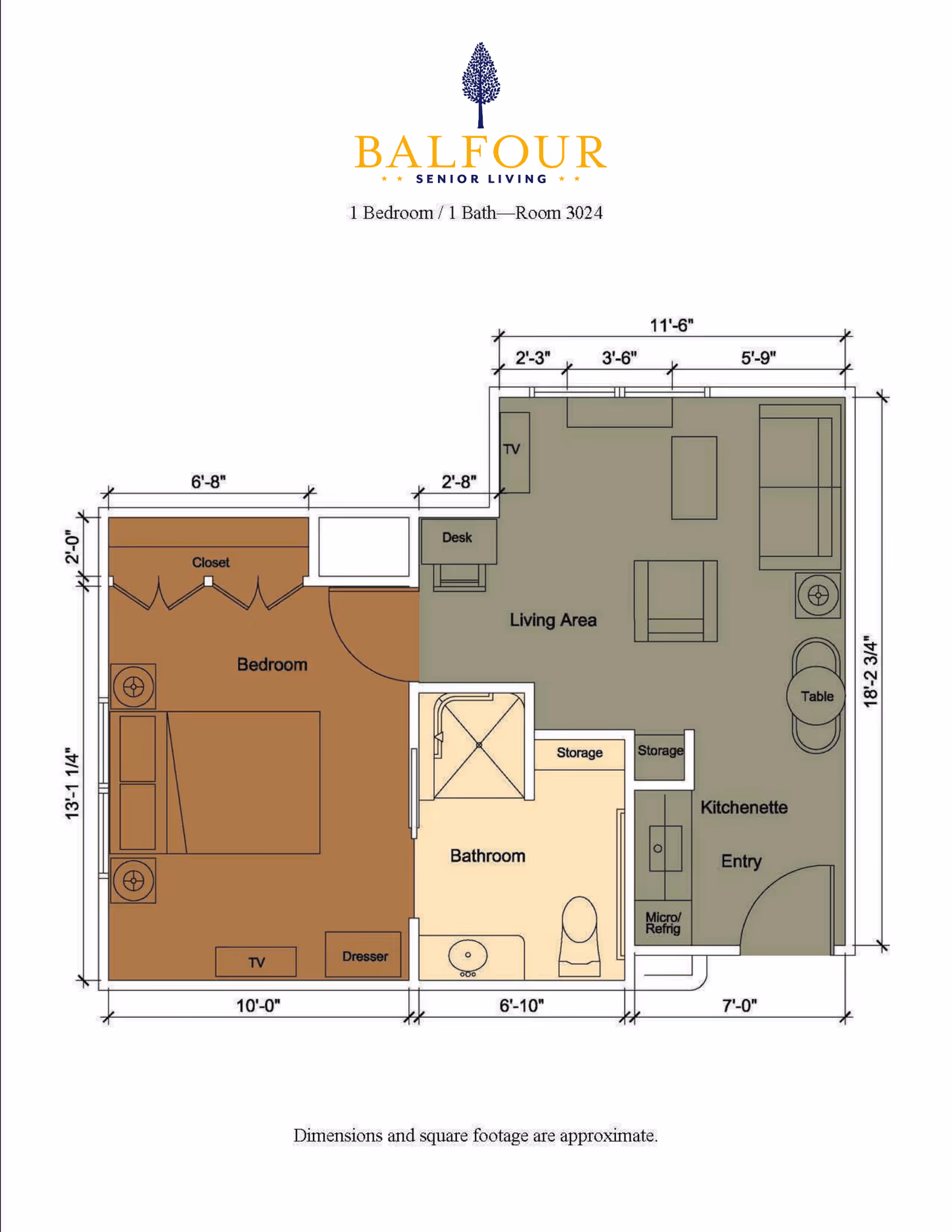 Floor plan of a 1 bedroom, 1 bathroom senior living apartment at Balfour Louisville Campus, Room 3024. The layout includes a bedroom with closet, dresser, and TV; a bathroom with shower, sink, and toilet; a living area with desk, TV, seating, and table; and a kitchenette with micro/refrigerator and storage near the entry.