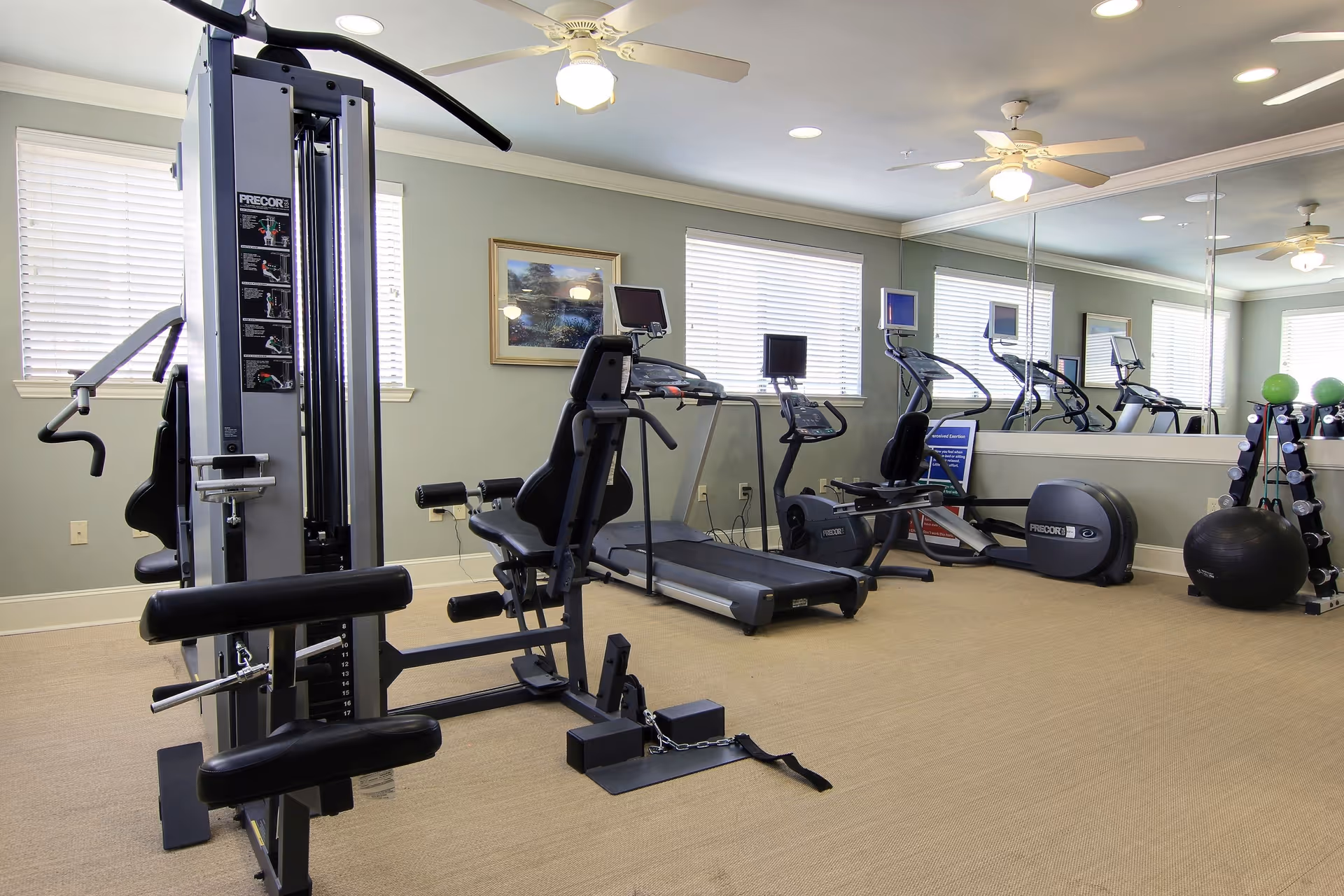 A fitness room with various exercise equipment including a multi-station weight machine, treadmills, stationary bikes, a rack of dumbbells, and an exercise ball. The room has beige carpet, light green walls, large windows with white blinds, ceiling fans, and a large mirror on one wall.