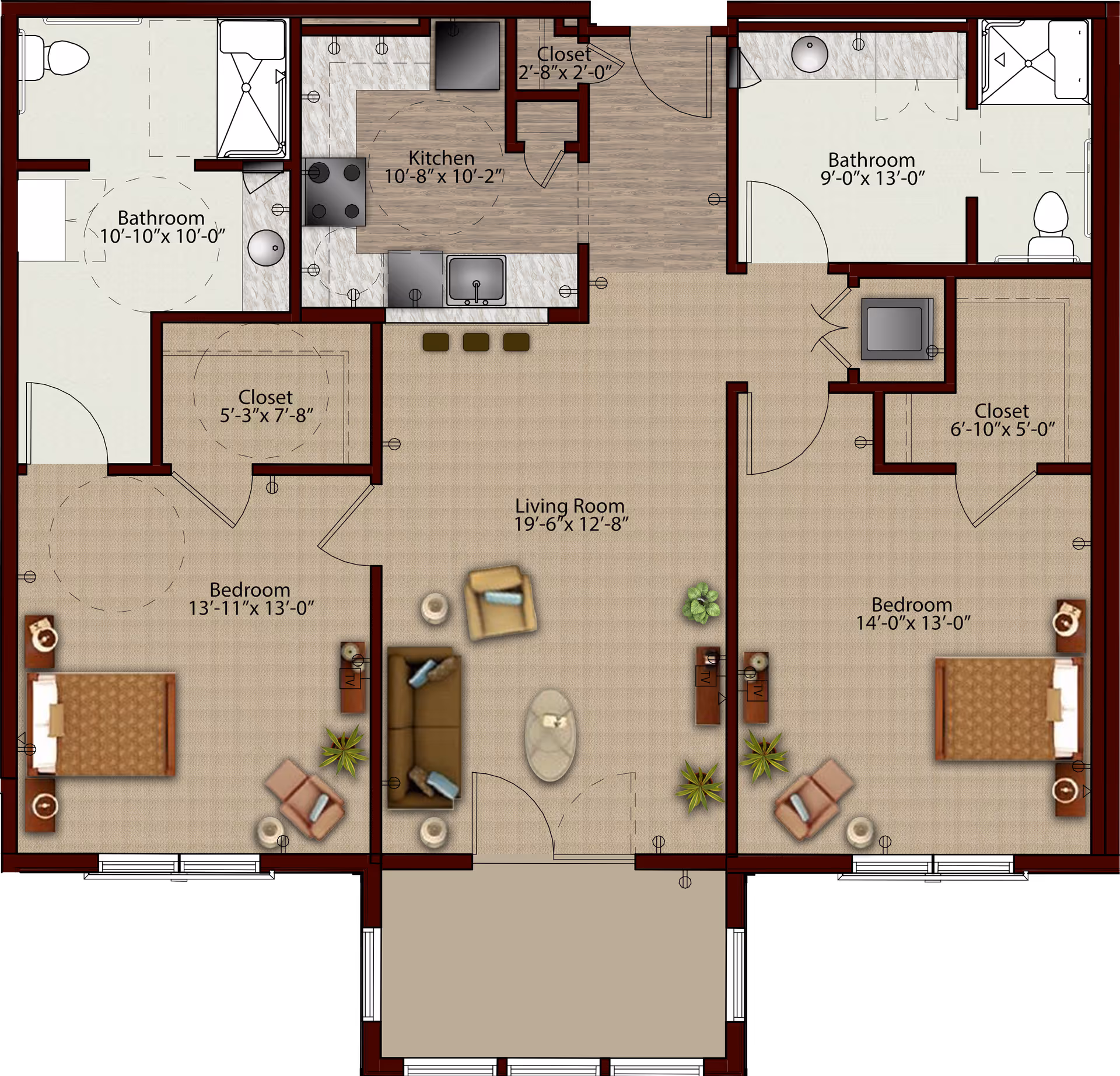 Top-down colored floor plan of a two-bedroom apartment showing a central living room, kitchen, two bedrooms, two bathrooms and multiple closets.