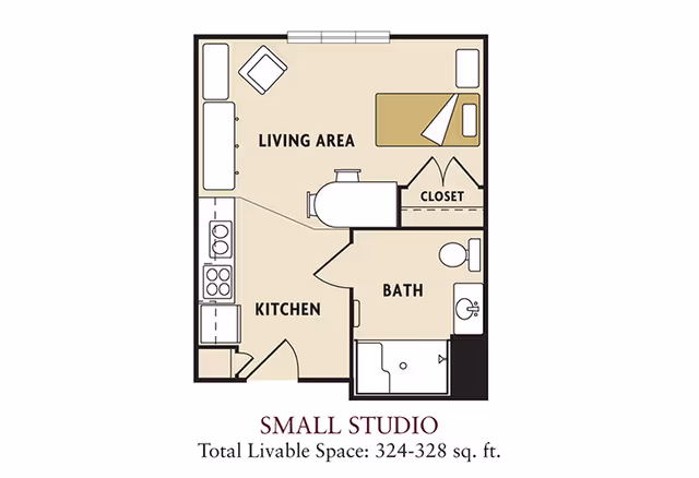 Floor plan of a small studio apartment showing a living area with a bed, chair, and dresser, a kitchen with stove and sink, a bathroom with toilet, sink, and shower, and a closet. The total livable space is 324-328 square feet.