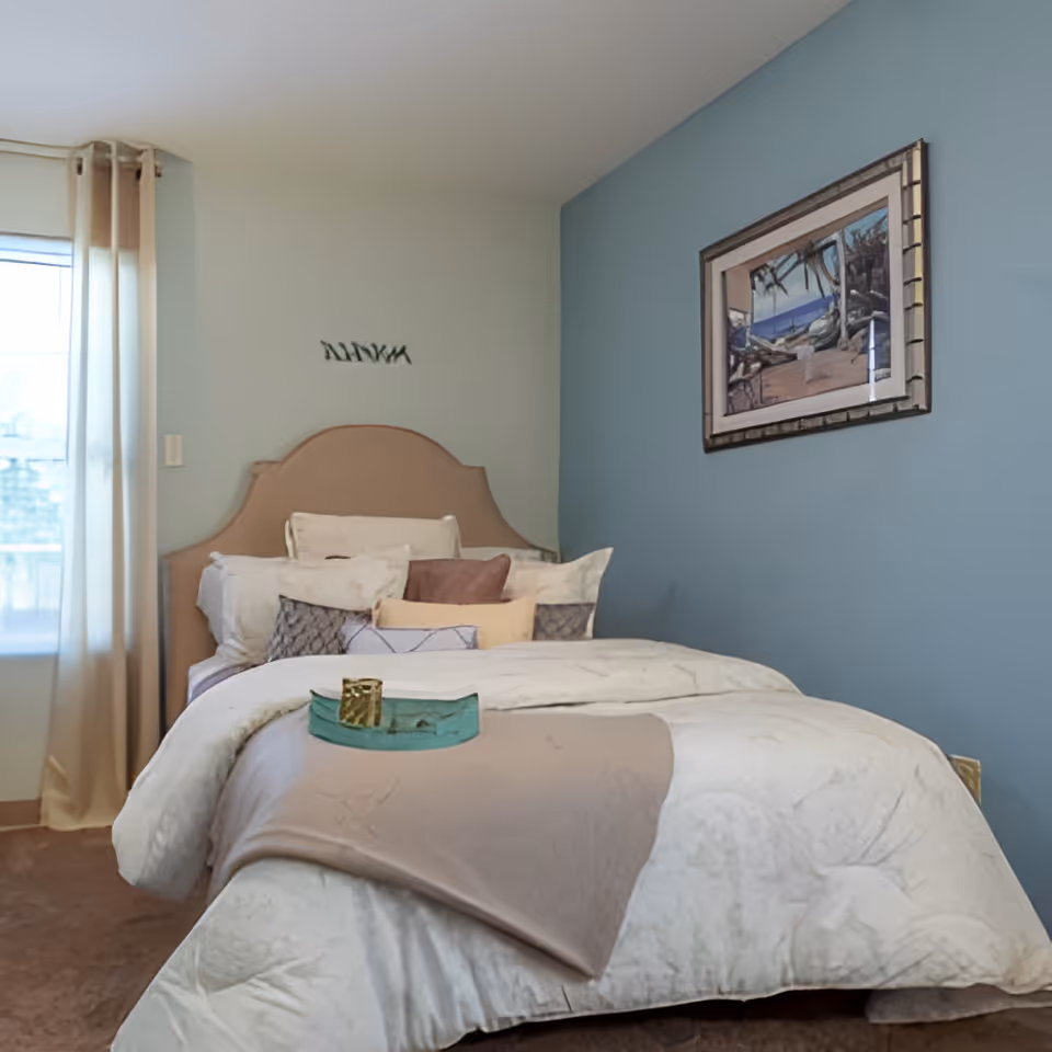 A neatly made single bed in a softly decorated bedroom with a teal accent wall, framed artwork, and a curtained window.
