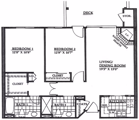 Architectural floor plan of a residential unit at Chateau Lake San Marcos showing two bedrooms, two bathrooms, a living/dining room, kitchen, deck, storage, and closets with dimensions labeled.