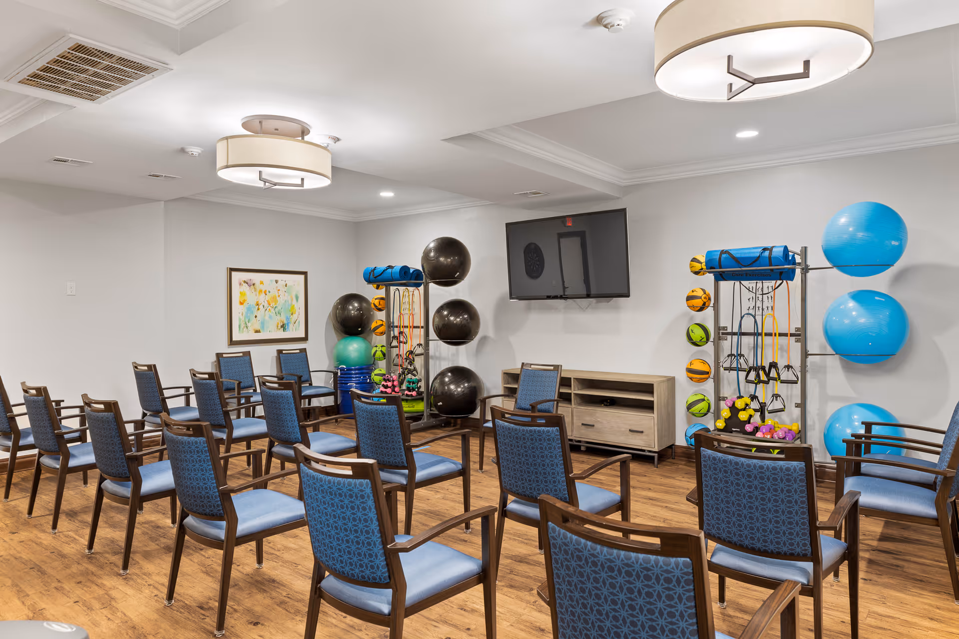 A bright room with multiple blue cushioned chairs arranged in rows facing a wall-mounted flat screen TV. The room has wooden flooring and white walls with a colorful abstract painting. Exercise equipment including large black and blue exercise balls, resistance bands, and small weights are organized on racks along the walls.